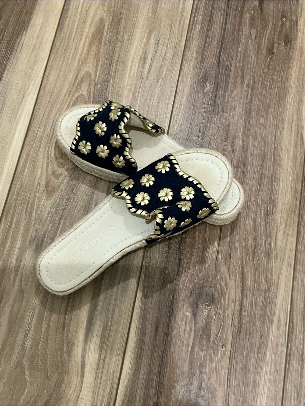 Jack Rogers Navy Slide Sandals with Gold Floral Studs